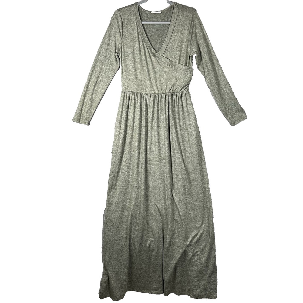 Reborn‎ J Maxi Dress Women Size X-Lg Olive Green Pockets Long Sleeve Stretch USA